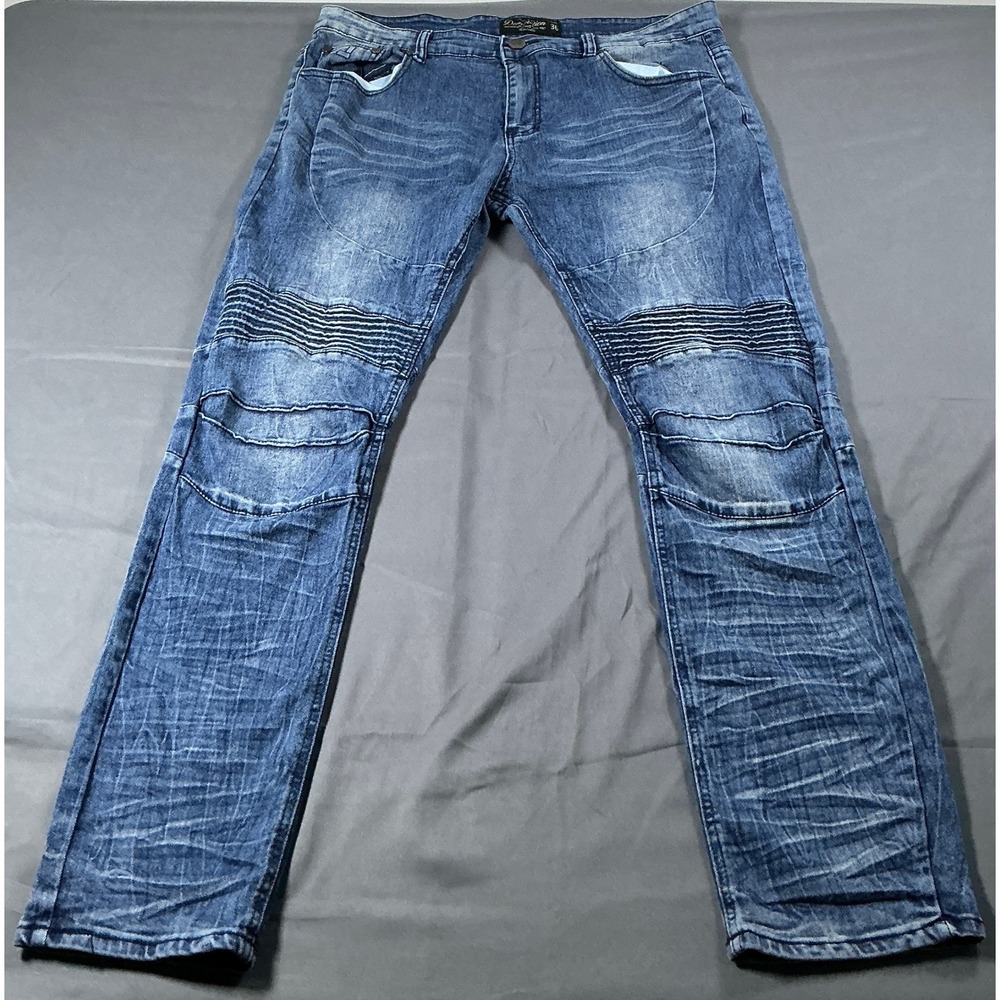 Demolition Mens Moto Biker Jeans Blue Distressed Slim Straight 36x30 Stretch